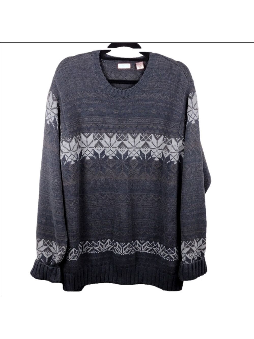 Izod Grey Fair Isle Nordic Crewneck Long Sleeve Pullover Heavy Knit Sweater
